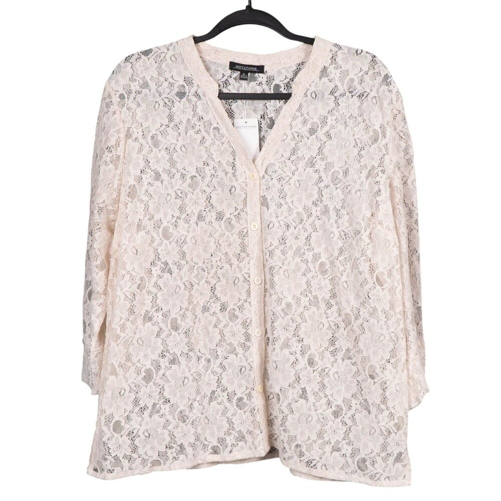Notations Lace Button Up Blouse XL Womens NEW Beige Sheer 3/4 Sleeves